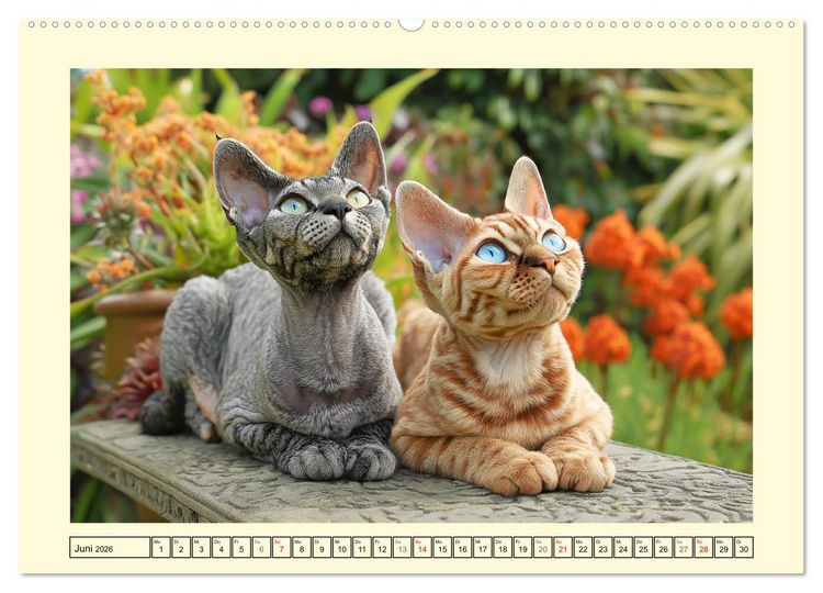 Produktbild: Devon Rex Katzen. Der aufgeweckte Kobold im Garten (hochwertiger Premium Wandkalender 2026 DIN A2 quer), Kunstdruck in Hochglanz