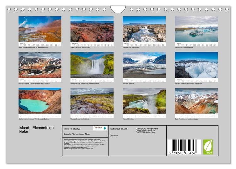 Produktbild: Island - Elemente der Natur (Wandkalender 2026 DIN A4 quer), CALVENDO Monatskalender
