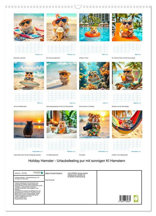 Produktbild: Holiday Hamster - Urlaubsfeeling pur mit sonnigen KI Hamstern (Wandkalender 2026 DIN A2 hoch), CALVENDO Monatskalender