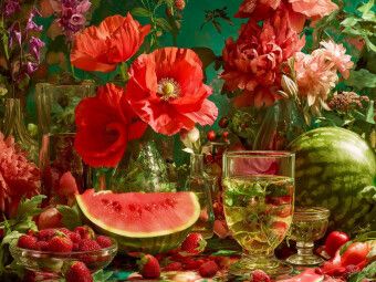 Produktbild: CALVENDO Puzzle Stillleben mit Mohnblumen, Erdbeeren und Wassermelone | 1000 Teile Lege-Gr&ouml;&szlig;e 64x48cm Foto-Puzzle f&uuml;r gl&uuml;ckliche Stunden