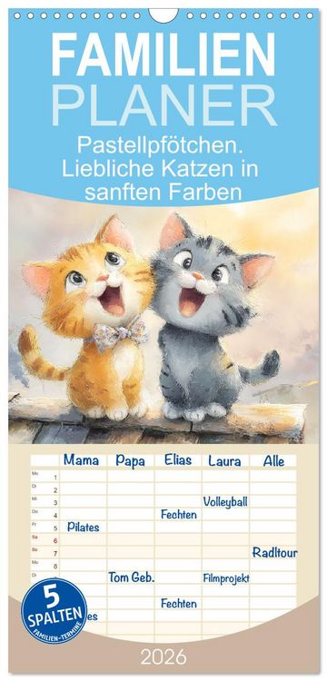 Produktbild: Familienplaner 2026 - Pastellpf&ouml;tchen. Liebliche Katzen in sanften Farben mit 5 Spalten (Wandkalender, 21 x 45 cm) CALVENDO