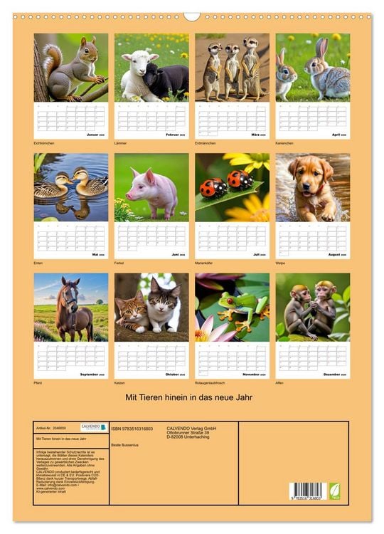 Produktbild: Mit Tieren hinein in das neue Jahr (Wandkalender 2026 DIN A2 hoch), CALVENDO Monatskalender