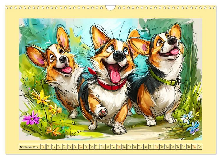 Produktbild: Lustige Corgis. Niedliche Cartoons von gl&uuml;cklichen Hunden (Wandkalender 2026 DIN A3 quer), CALVENDO Monatskalender