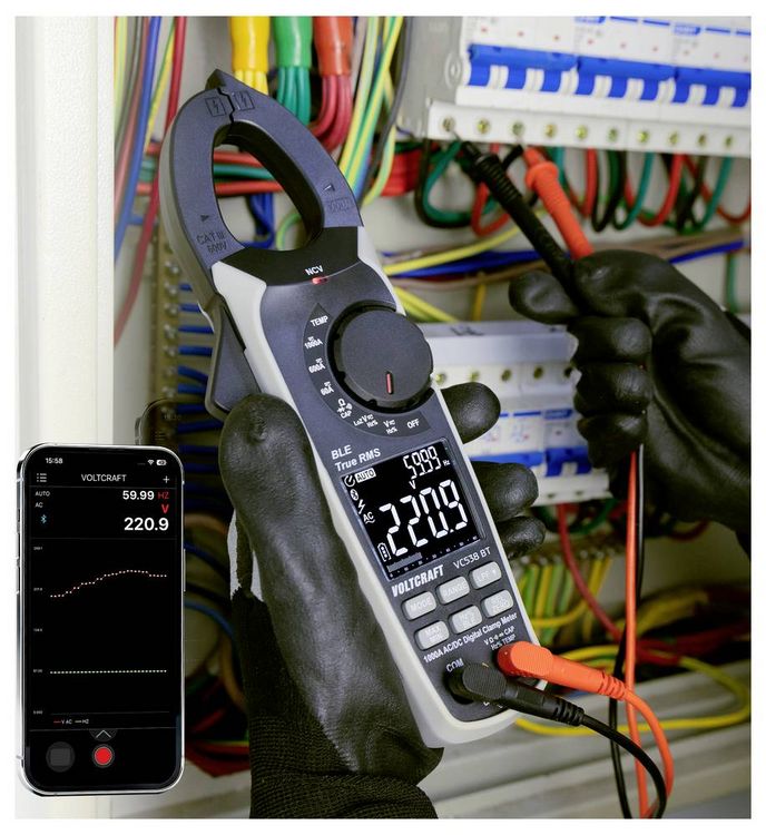 Produktbild: VOLTCRAFT VC538 BT Stromzange TRMS CAT III 600 V, CAT II 1000 V, 1000 A, AC, DC, Datenlogger, Bluetooth App