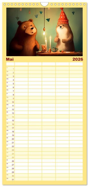 Produktbild: Familienplaner 2026 - B&auml;rige Illustrationen mit 5 Spalten (Wandkalender, 21 x 45 cm) CALVENDO