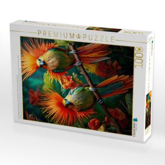 Produktbild: CALVENDO Puzzle Zwei Paradiesv&ouml;gel mit bunten leuchtenden Gefieder sitzen zwischen zarten Blumen | 1000 Teile Lege-Gr&ouml;&szlig;e 64x48cm Foto-Puzzle f&uuml;r gl&uuml;ckliche Stunden