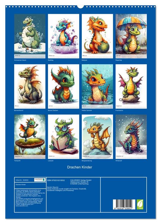 Produktbild: Drachen Kinder (hochwertiger Premium Wandkalender 2026 DIN A2 hoch), Kunstdruck in Hochglanz