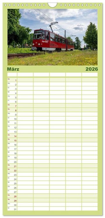 Produktbild: Familienplaner 2026 - Stra&szlig;enbahnklassiker auf Schienen mit 5 Spalten (Wandkalender, 21 x 45 cm) CALVENDO