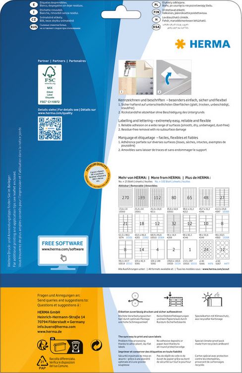 Produktbild: HERMA Adressetiketten repositionierbar wei&szlig; 96x50,8mm 25 Blatt 250 St&uuml;ck