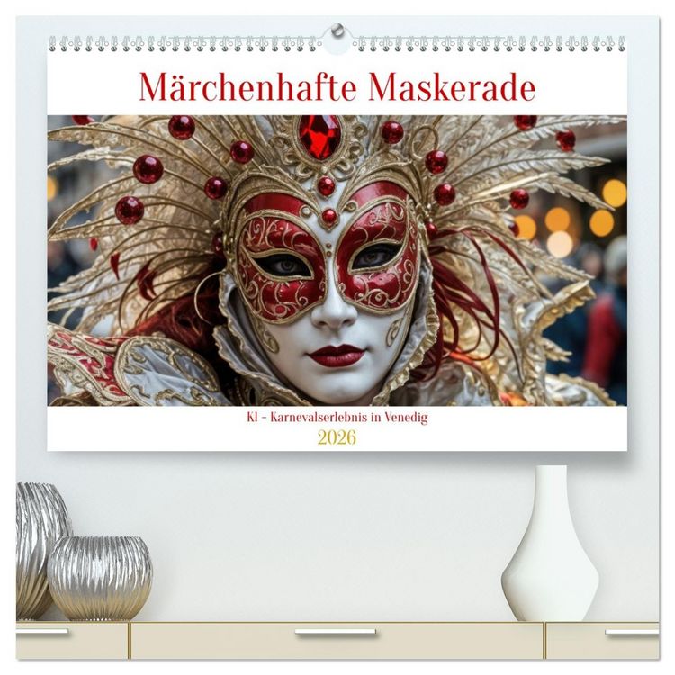Produktbild: M&auml;rchenhafte Maskerade KI - Karnevalserlebnis in Venedig (hochwertiger Premium Wandkalender 2026 DIN A2 quer), Kunstdruck in Hochglanz
