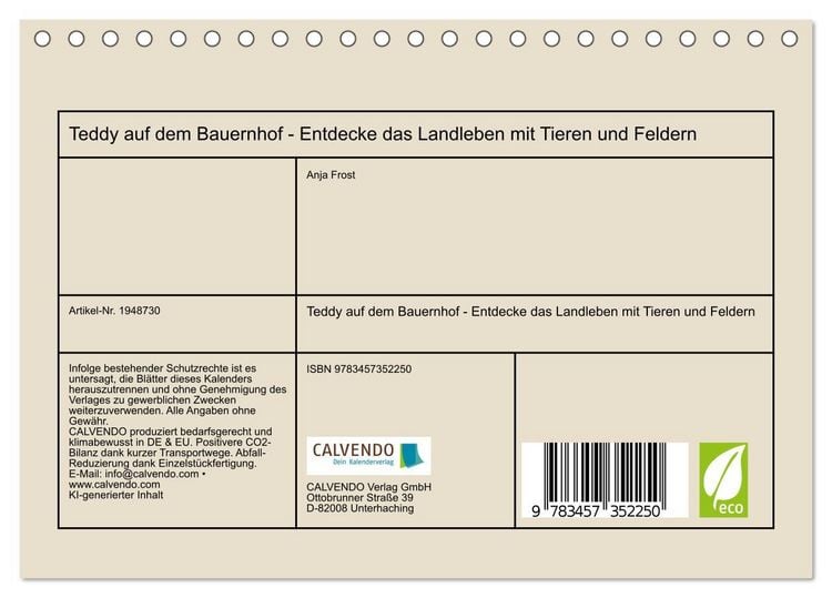 Produktbild: Teddy auf dem Bauernhof - Entdecke das Landleben mit Tieren und Feldern (Tischkalender 2026 DIN A5 quer), CALVENDO Monatskalender