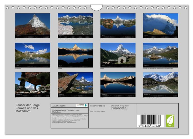 Produktbild: Zauber der Berge Zermatt und das Matterhorn (Wandkalender 2026 DIN A4 quer), CALVENDO Monatskalender