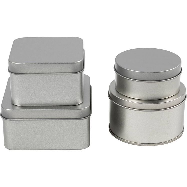 Creativ Company Metalldose, Rund und quadratisch, H 3-4,5 cm, D 6,5+7,5 cm, Größe 7x7+8,5x8,5 cm, Grau Metall, 4 Stk kaufen