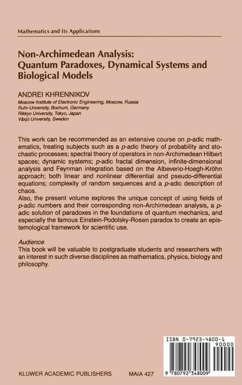 Produktbild: Non-Archimedean Analysis: Quantum Paradoxes, Dynamical Systems and Biological Models