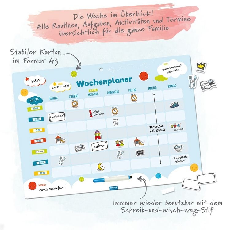 Produktbild: Tr&ouml;tsch Magnetischer Wochenplaner Magnettafel mit Stift und Magneten