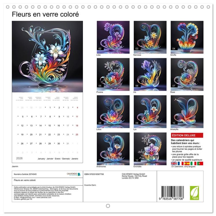 Produktbild: Fleurs en verre color&eacute; (Calendrier mural carr&eacute; 2026 30x30 cm) Calendrier double avec une page pour vos prises de notes