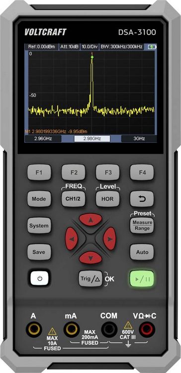 Produktbild: VOLTCRAFT DSA-3100 Hand-Oszilloskop 100 MHz 2-Kanal 500 MSa/s 8 kpts 8 Bit Handger&auml;t, Multimeter-Funktionen, Spectrum-Analyser 1 St.