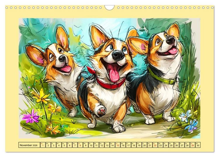Produktbild: Lustige Corgis. Niedliche Cartoons von gl&uuml;cklichen Hunden (Wandkalender 2026 DIN A3 quer), CALVENDO Monatskalender