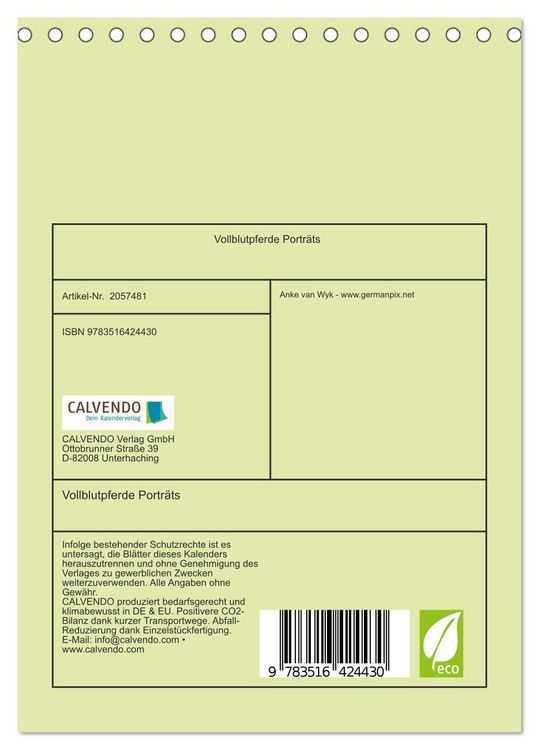 Produktbild: Vollblutpferde Portr&auml;ts (Tischkalender 2026 DIN A5 hoch), CALVENDO Monatskalender