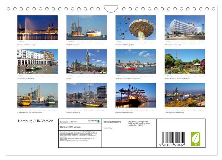 Produktbild: Hamburg / UK-Version (Wall Calendar 2026 DIN A4 landscape), CALVENDO 12 Month Wall Calendar