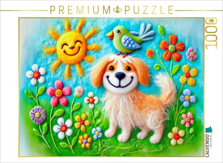 Produktbild: CALVENDO Puzzle Fr&uuml;hlingsfreude mit Hund und Vogel in Filztechnik | 1000 Teile Lege-Gr&ouml;&szlig;e 64x48cm Foto-Puzzle f&uuml;r gl&uuml;ckliche Stunden