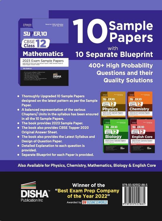 Produktbild: Super 10 CBSE Class 12 Mathematics 2023 Exam Sample Papers with 2021-22 Previous Year Solved Papers, CBSE Sample Paper & 2020 Topper Answer Sheet | 10 Blueprints for 10 Papers | Solutions with marking scheme |