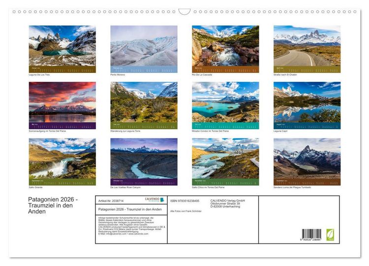 Produktbild: Patagonien 2026 - Traumziel in den Anden (Wandkalender 2026 DIN A2 quer), CALVENDO Monatskalender