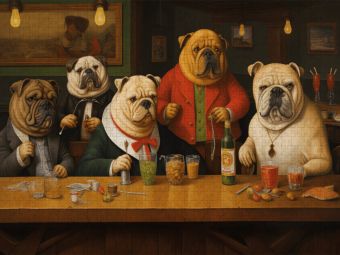 Produktbild: CALVENDO Puzzle F&uuml;nf Hunde stehen an der Theke in einer Bar | 1000 Teile Lege-Gr&ouml;&szlig;e 64x48cm Foto-Puzzle f&uuml;r gl&uuml;ckliche Stunden