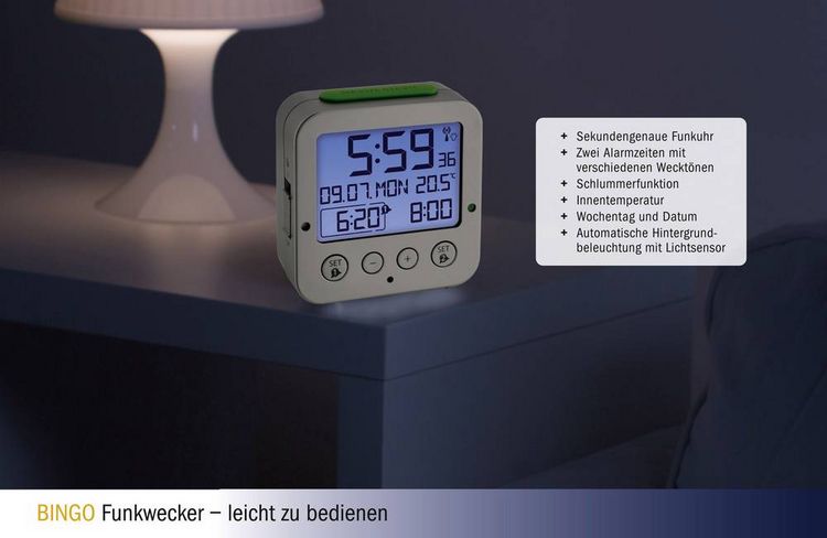 Produktbild: TFA Dostmann 60.2528.54 Funk Wecker Silber Alarmzeiten 2