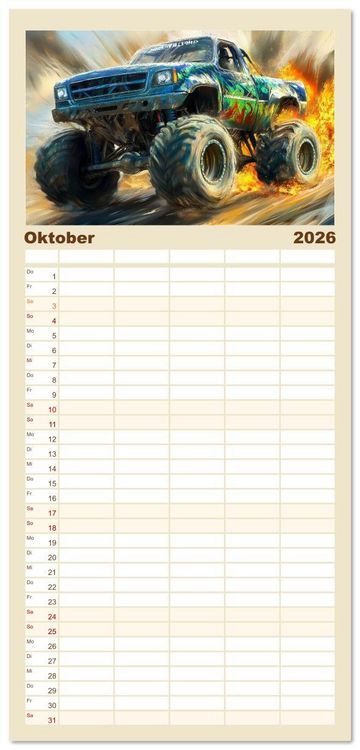 Produktbild: Familienplaner 2026 - Die Macht der Monstertrucks mit 5 Spalten (Wandkalender, 21 x 45 cm) CALVENDO