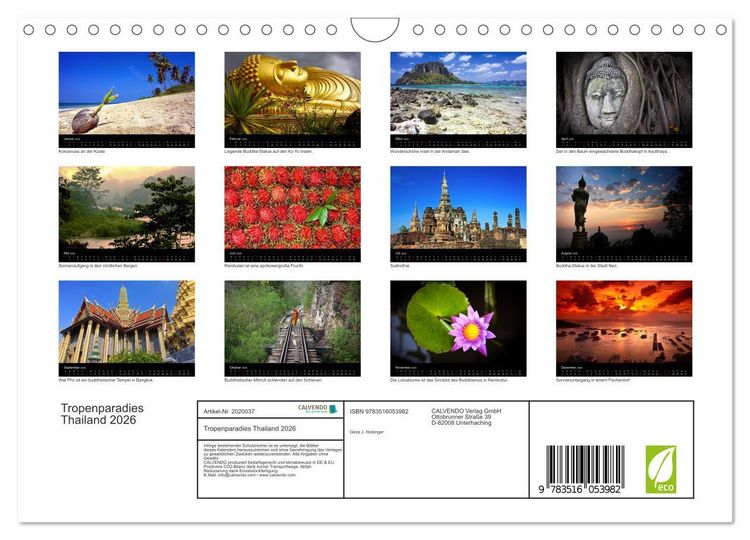 Produktbild: Tropenparadies Thailand 2026 (Wandkalender 2026 DIN A4 quer), CALVENDO Monatskalender