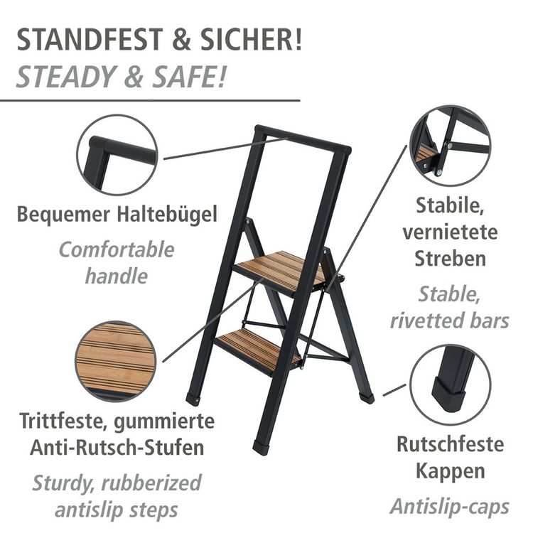 Produktbild: Alu-Design Klapptrittleiter 2-stufig Schwarz, rutschsichere XXL-Stufen