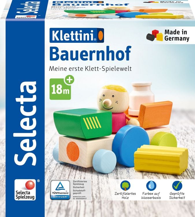 Produktbild: Selecta 62076 - Klettini&reg; Bauernhof, Klett-Fahrzeug, Holz, 7-teilig