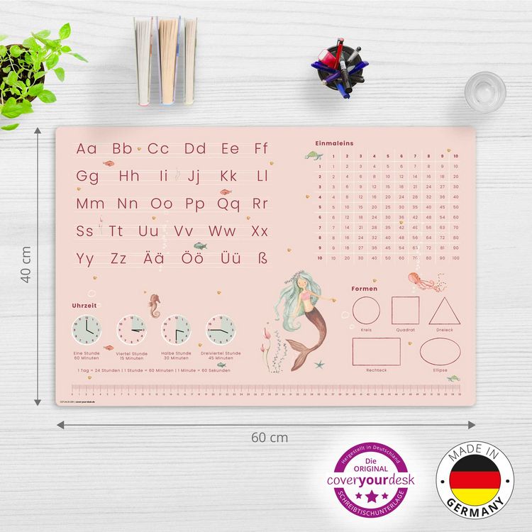 Produktbild: Cover-your-desk Schreibtischunterlage f&uuml;r Kinder Meerjungfrau Schulanfang - abc und einmaleins, aus hochwertigem Vinyl , 60 x 40 cm