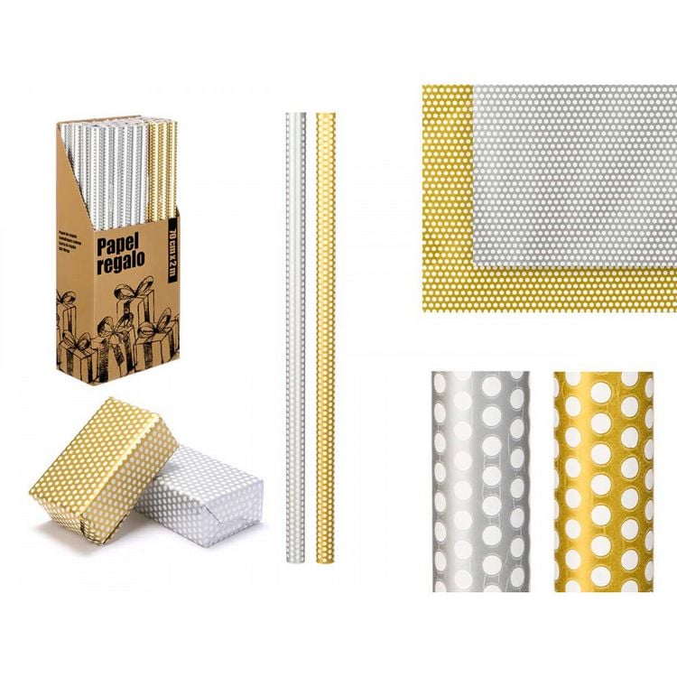 Produktbild: Geschenkpapier Rolle 70x200 Silber Gold Tupfen