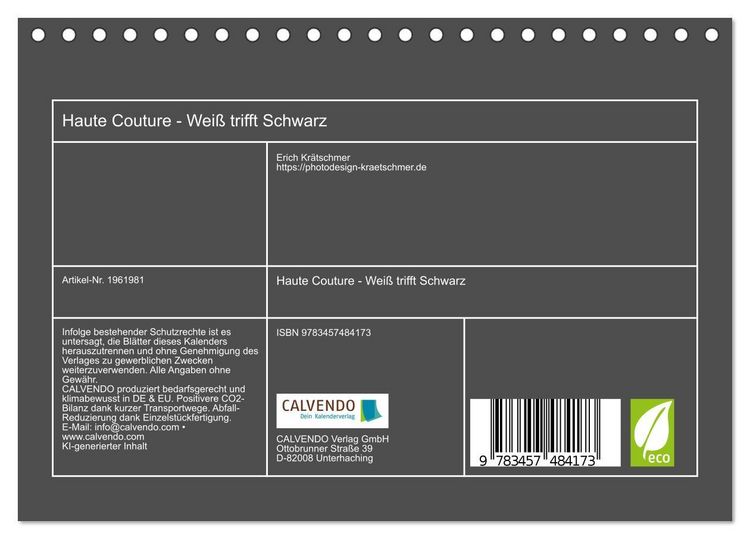 Produktbild: Haute Couture - Wei&szlig; trifft Schwarz (Tischkalender 2026 DIN A5 quer), CALVENDO Monatskalender