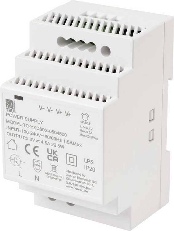 Produktbild: TRU COMPONENTS TC-13710876 Hutschienen-Netzteil (DIN-Rail) Verbrauch (StandBy) 0.3 W 5 V/DC 4.5 A 22.5 W Anzahl Ausg&auml;nge:1 x Inhalt 1 St.