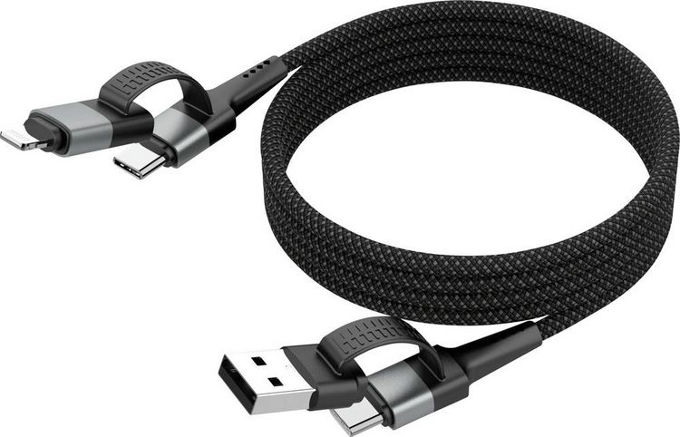 Produktbild: Ansmann USB-Kabel USB-A Stecker, USB-C&reg; Stecker, Apple Lightning Stecker 120 cm Schwarz Textil-Mantel 1700-0188