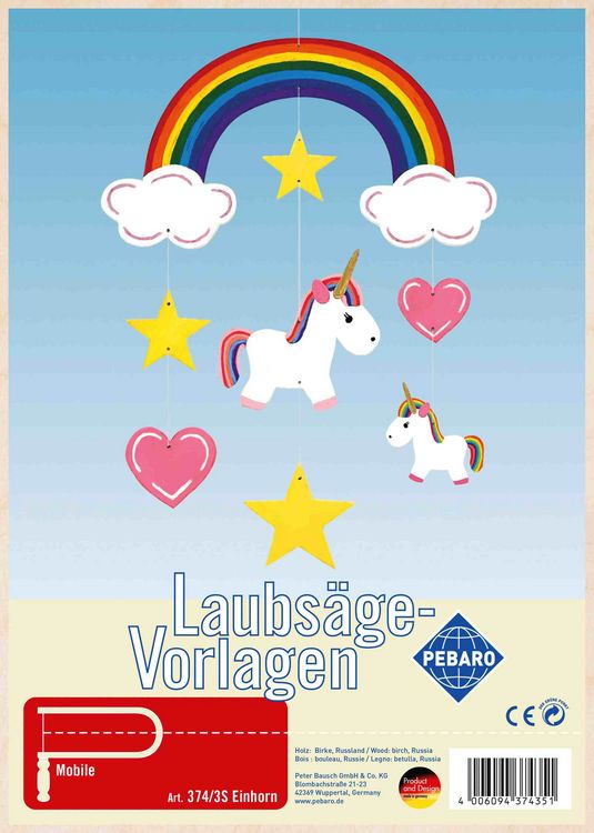 Produktbild: PEBARO 374/3S - Laubs&auml;gevorlage Mobile Einhorn, 1 Platte DIN A4