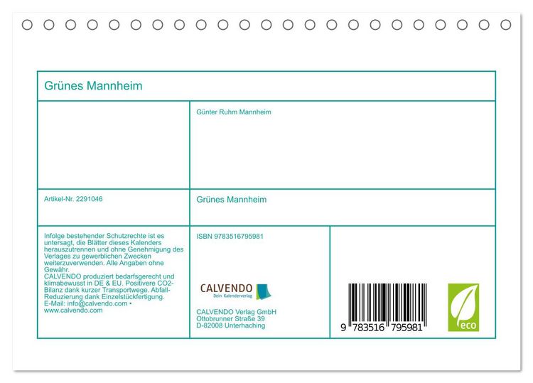 Produktbild: Gr&uuml;nes Mannheim (Tischkalender 2027 DIN A5 quer), CALVENDO Monatskalender