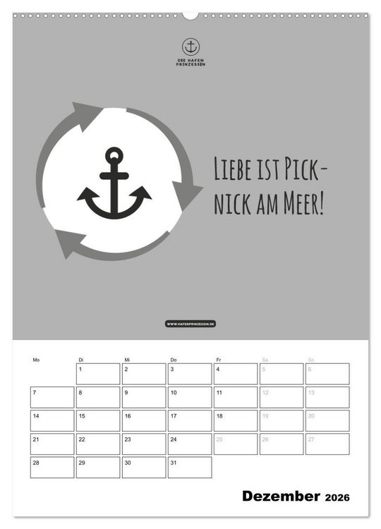 Produktbild: hafenprinzessin: Ankertr&auml;ume & Meer - Der moderne Zitate-Wandkalender f&uuml;r maritime Lebensmomente! (Wandkalender 2026 DIN A2 hoch), CALVENDO Monatskalender