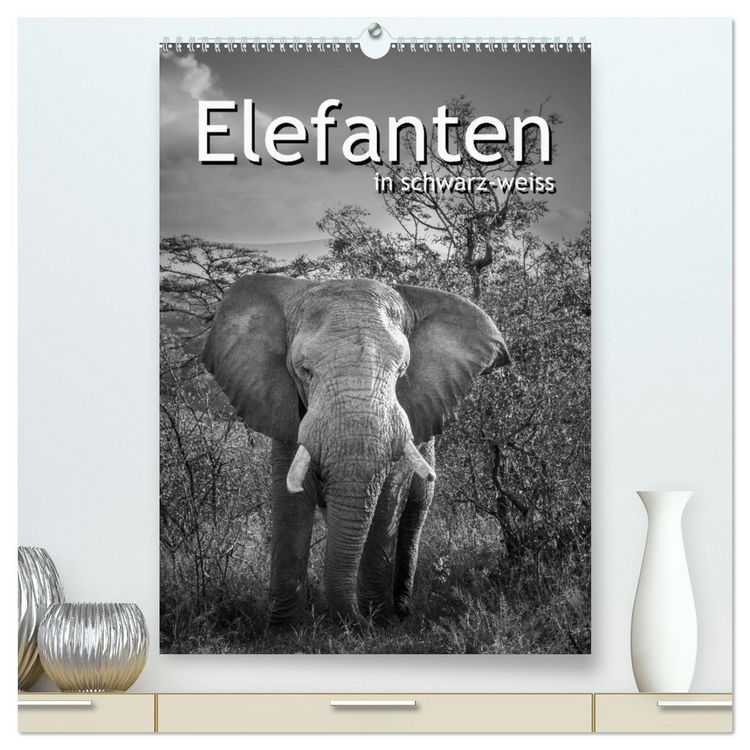 Produktbild: Elefanten in schwarz-weiss (hochwertiger Premium Wandkalender 2026 DIN A2 hoch), Kunstdruck in Hochglanz