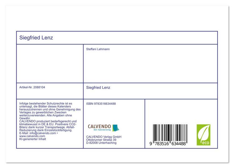 Produktbild: Siegfried Lenz (Tischkalender 2026 DIN A5 quer), CALVENDO Monatskalender