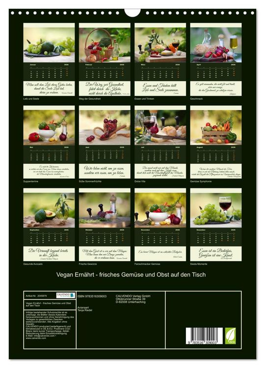 Produktbild: Vegan Ern&auml;hrt - frisches Gem&uuml;se und Obst auf den Tisch (Wandkalender 2026 DIN A3 hoch), CALVENDO Monatskalender