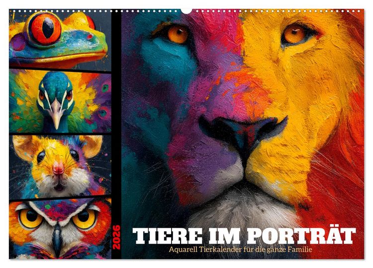 Produktbild: Tiere im Portr&auml;t - Aquarell Tierkalender f&uuml;r die ganze Familie (Wandkalender 2026 DIN A2 quer), CALVENDO Monatskalender