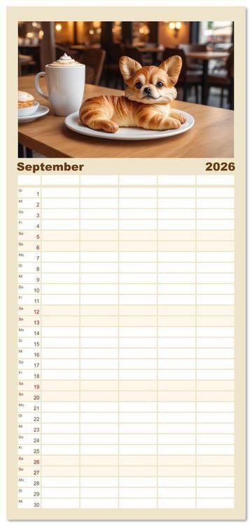 Produktbild: Familienplaner 2026 - Tierische Croissants mit 5 Spalten (Wandkalender, 21 x 45 cm) CALVENDO