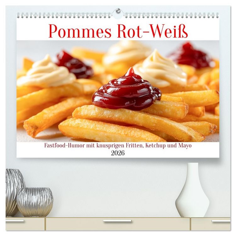 Produktbild: Pommes Rot-Wei&szlig; - Fastfood-Humor mit knusprigen Fritten, Ketchup und Mayo (hochwertiger Premium Wandkalender 2026 DIN A2 quer), Kunstdruck in Hochglanz