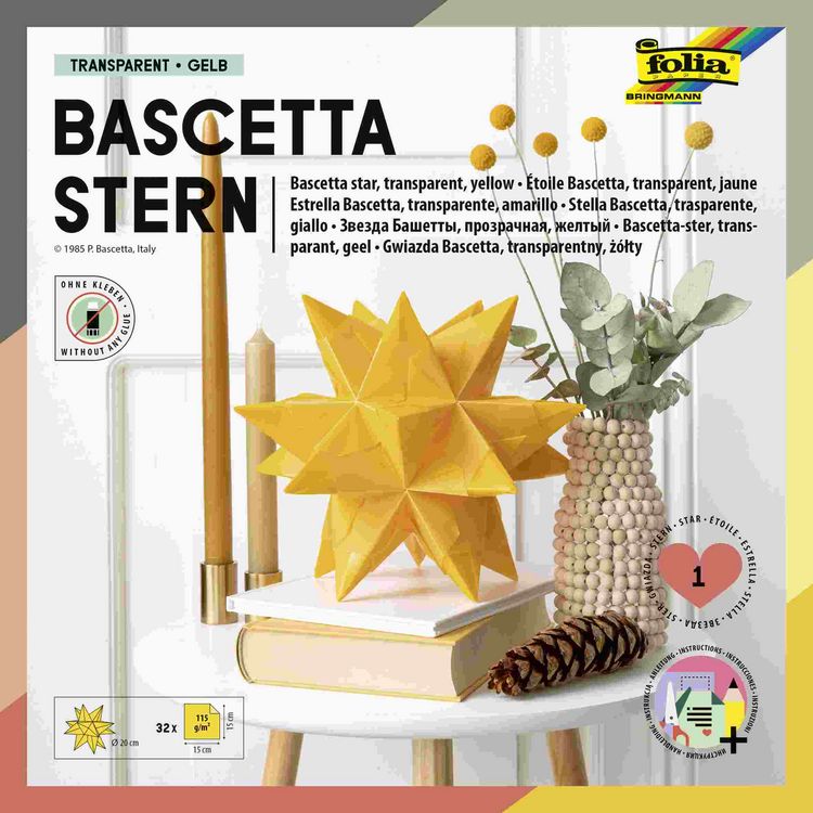 Produktbild: Folia Bascetta-Stern Set, TRANSPARENTPAPIER 115g/m&sup2;, 15x15cm, 32 Blatt, gelb