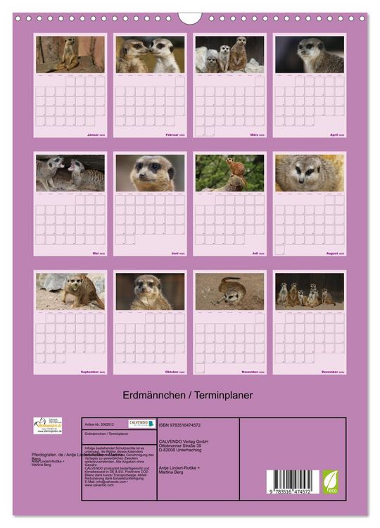 Produktbild: Erdm&auml;nnchen / Terminplaner (Wandkalender 2026 DIN A3 hoch), CALVENDO Monatskalender