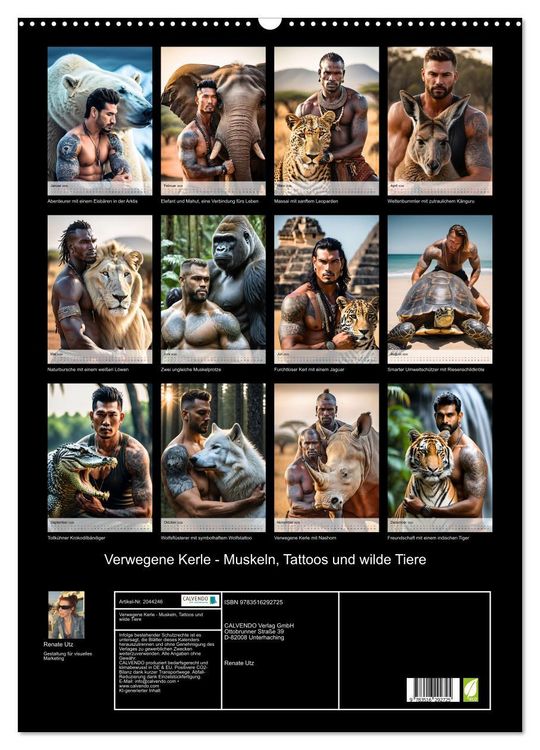 Produktbild: Verwegene Kerle - Muskeln, Tattoos und wilde Tiere (Wandkalender 2026 DIN A2 hoch), CALVENDO Monatskalender